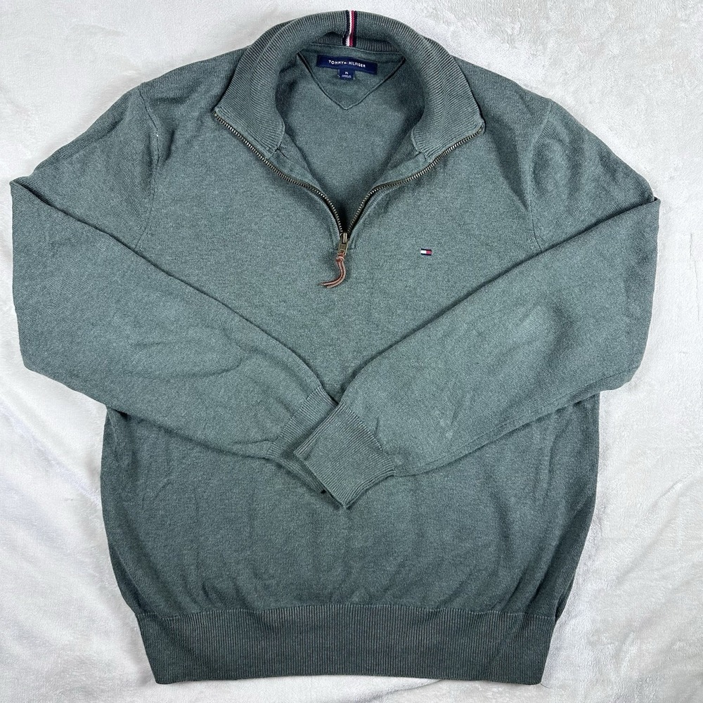 Tommy Hilfiger Men's Medium Green 1/4 Zip Sweater Logo Pullover Cotton Blend